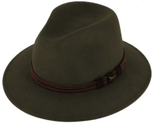Zimní myslivecký klobouk od Fiebig - olivový s koženou stuhou a ozdobou ve tvaru loveckého psa Velikost: 61 cm (XL)