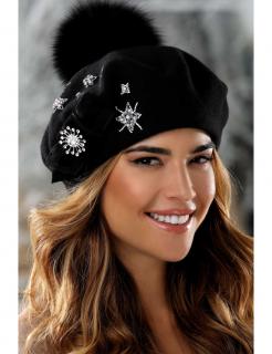 Černá zimní čepice - baret s bambulí zdobený kamínky W-0719/018
