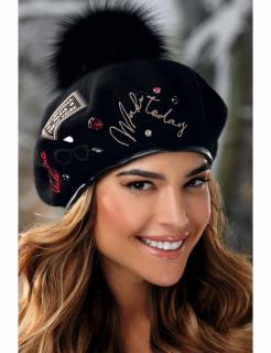 Černý dámský baret s bambulí  a výšivkami W-0750/018