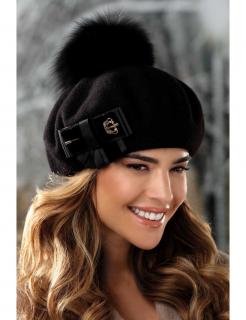 Černý zimní baret s bambulí a mašlí W-0707/018