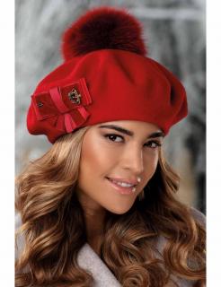 Červený dámský baret s bambulí a zdobením W-0707/001