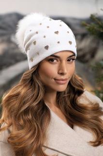 Dámská bílá zimní čepice s bambulí 100%vlna Woolmark Quality W-0829/000