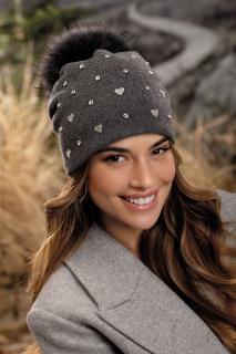 Dámská šedá zimní čepice s bambulí 100% vlna Woolmark W-0829/844