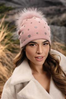 Dámská starorůžová zimní čepice s bambulí 100% vlna Woolmark W-0829/375