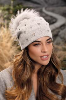 Dámská světle šedá zimní čepice s bambulí 100% vlna Woolmark W-0829/866 melange