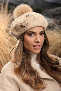 Dámský baret s bambulí a výšivkou W-0830/284 světle béžový