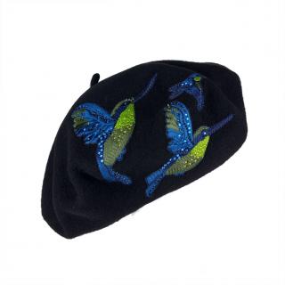 Dámský baret s výšivkou kolibříků W-0035/018 ČERNÝ