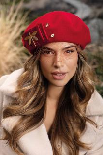 Dámský vlněný baret s vážkou a síťkou W-0061/001 červený