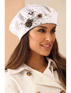 Dámský vlněný baret zdobený bižuterií W-0584/000 bílý