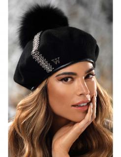 Dámský zimní baret s bambulí zdobený bižuterií W-0663/018 černý
