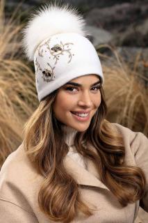 Krumlovanka Bílá zimní čepice s bambulí 100%vlna Woolmark W-0831/000