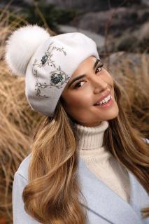 Krumlovanka Bílý baret s bambulí 100% vlna Woolmark W-0826/000