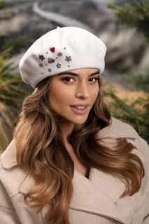 Krumlovanka Bílý dámský baret 100%vlna Woolmark W-0840/000 ozdobený