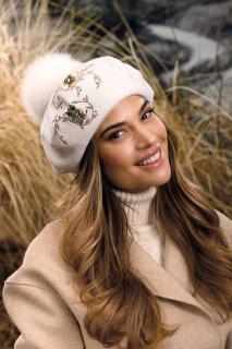 Krumlovanka Bílý luxusní baret s bambulí 100% vlna  Woolmark W-0824/000