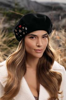 Krumlovanka Černý dámský baret 100% vlna Woolmark W-0840/018 ozdobený