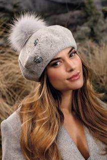 Krumlovanka Melanž šedý baret s bambulí 100% vlna Woolmark W-0826/866