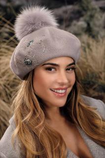 Krumlovanka Šedý baret s bambulí 100% vlna Woolmark W-0826/529