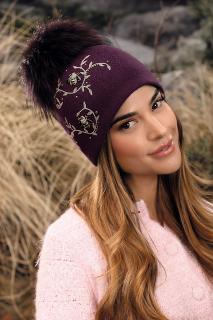 Krumlovanka Zimní čepice s bambulí 100%vlna Woolmark W-0831/2040 fialová