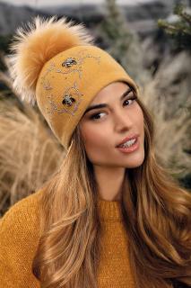 Krumlovanka Zimní čepice s bambulí 100%vlna Woolmark W-0831/765 žlutá
