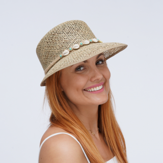 Letní dámský  klobouk z mořské trávy 5302 zdobený mušličkami