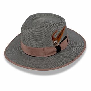 Letní klobouk Fedora Ba-30245363-846 s aplikací peří a s regulací velikosti- šedý Vyberte velikost: L