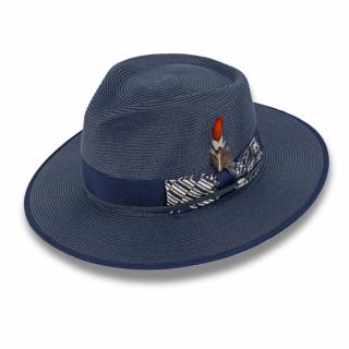Letní klobouk Fedora Ba-30245364-262 s aplikací peří a s regulací velikosti- tmavěmodrý Vyberte velikost: L