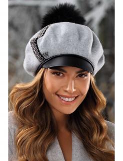 Luxusní dámský zimní baret s kšiltem a bambulí W-0640/866 světle šedý melange