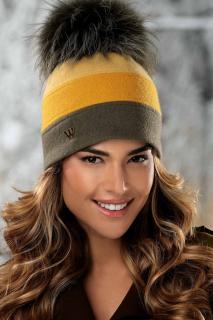 Tříbarevná zimní čepice s bambulí W-0642/671 khaki-žlutá