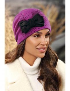 Zimní dámská čepice s mašlí a síťkou W-0645/440 purpurová