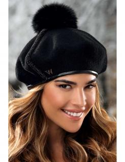Zimní dámský baret s bambulí a výšivkou W-0692/018 černý