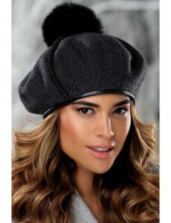 Zimní dámský baret s bambulí a výšivkou W-0692/693 antracitový melange