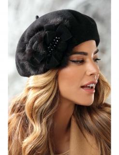 Zimní dámský baret se srstěnou ozdobou W-0758/018 černý