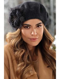 Zimní dámský baret se srstěnou ozdobou W-0758/693 antracitový melage