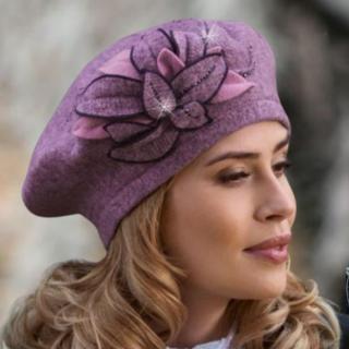 Zimní dámský baret se zdobením W-0785/628M starorůžový melange