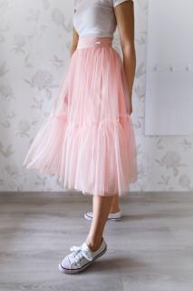 Tylová midi sukně s řasením, růžově lososová S