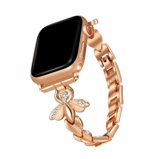 Stylový řemínek s kamínky a motýlem pro Apple Watch - Rose Gold Velikost: 42/44/45/49mm, Barva: Pink Gold