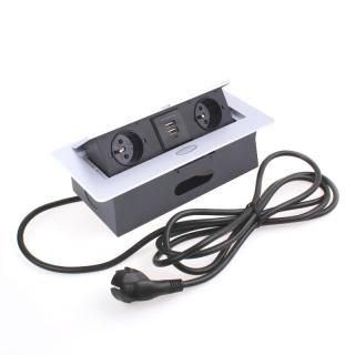 Design Light výklopná zásuvka BOX 2x 230V a 2x USB nabíječka s 3m kabelem hliník