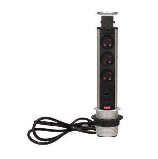Design Light zásuvka elektro stolová výsuvná věž 60 mm- 3x zásuvka + 2x USB + kabel stříbrná/ plast