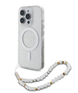 Guess IML Glitter Beads Strap MagSafe Zadní Kryt pro iPhone 16 Pro Transparent