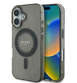 Guess IML Rhinestones Ring MagSafe Zadní Kryt pro iPhone 16 Black