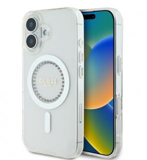 Guess IML Rhinestones Ring MagSafe Zadní Kryt pro iPhone 16 White