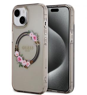 Guess PC/TPU Flowers Ring Glossy Logo MagSafe Zadní Kryt pro iPhone 15 Black