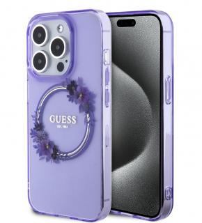 Guess PC/TPU Flowers Ring Glossy Logo MagSafe Zadní Kryt pro iPhone 15 Pro Purple
