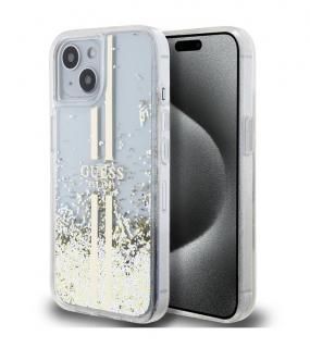 Guess PC/TPU Liquid Glitter Gold Stripe Zadní Kryt pro iPhone 15 Plus Transparent