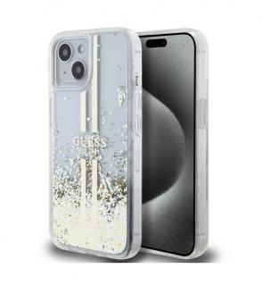 Guess PC/TPU Liquid Glitter Gold Stripe Zadní Kryt pro iPhone 15 Transparent