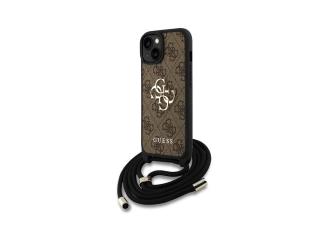 Guess PU 4G Metal Logo Zadní Kryt pro iPhone 15 Hnědá + Crossbody Popruh
