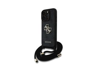 Guess PU 4G Metal Logo Zadní Kryt pro iPhone 15 Pro Černá + Crossbody Popruh