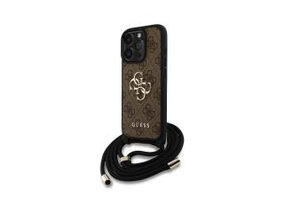Guess PU 4G Metal Logo Zadní Kryt pro iPhone 15 Pro Hnědá + Crossbody Popruh
