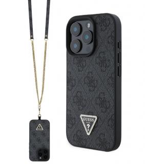 Guess PU 4G Strass Triangle Metal Logo Zadní Kryt + Crossbody Popruh pro iPhone 16 Pro Max Black