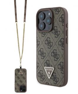Guess PU 4G Strass Triangle Metal Logo Zadní Kryt + Crossbody Popruh pro iPhone 16 Pro Max Brown